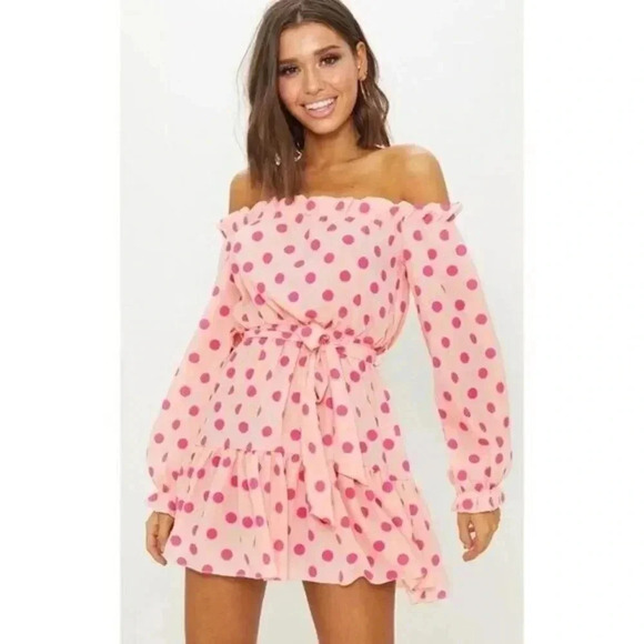 PrettyLittleThing Dusty Pink Polka Dot Bardot Tie Waist Long Sleeve Shift Dress - Picture 1 of 4